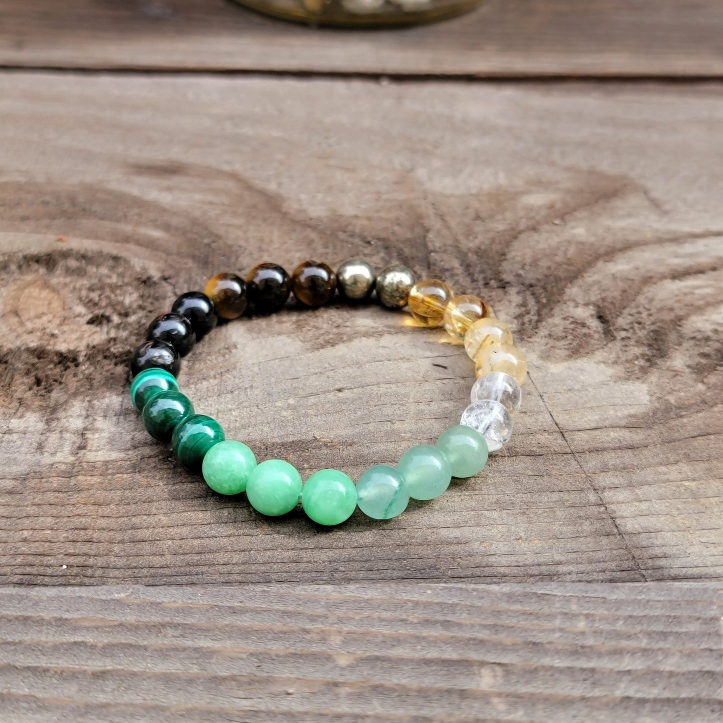 Wealth Bracelet, Malachite, Jade, Green Aventurine, Clear Quartz, Rutile Quartz, Citrine, Pyrite, Tiger Eye, Obsidian