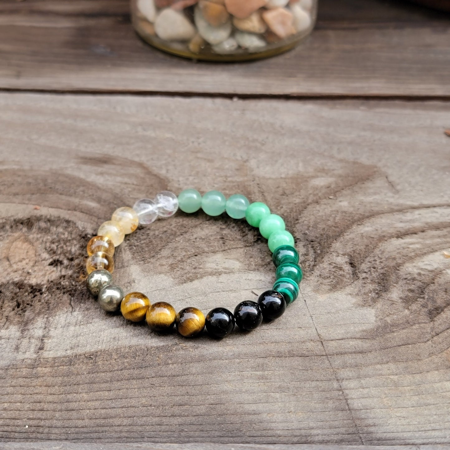 Wealth Bracelet, Malachite, Jade, Green Aventurine, Clear Quartz, Rutile Quartz, Citrine, Pyrite, Tiger Eye, Obsidian