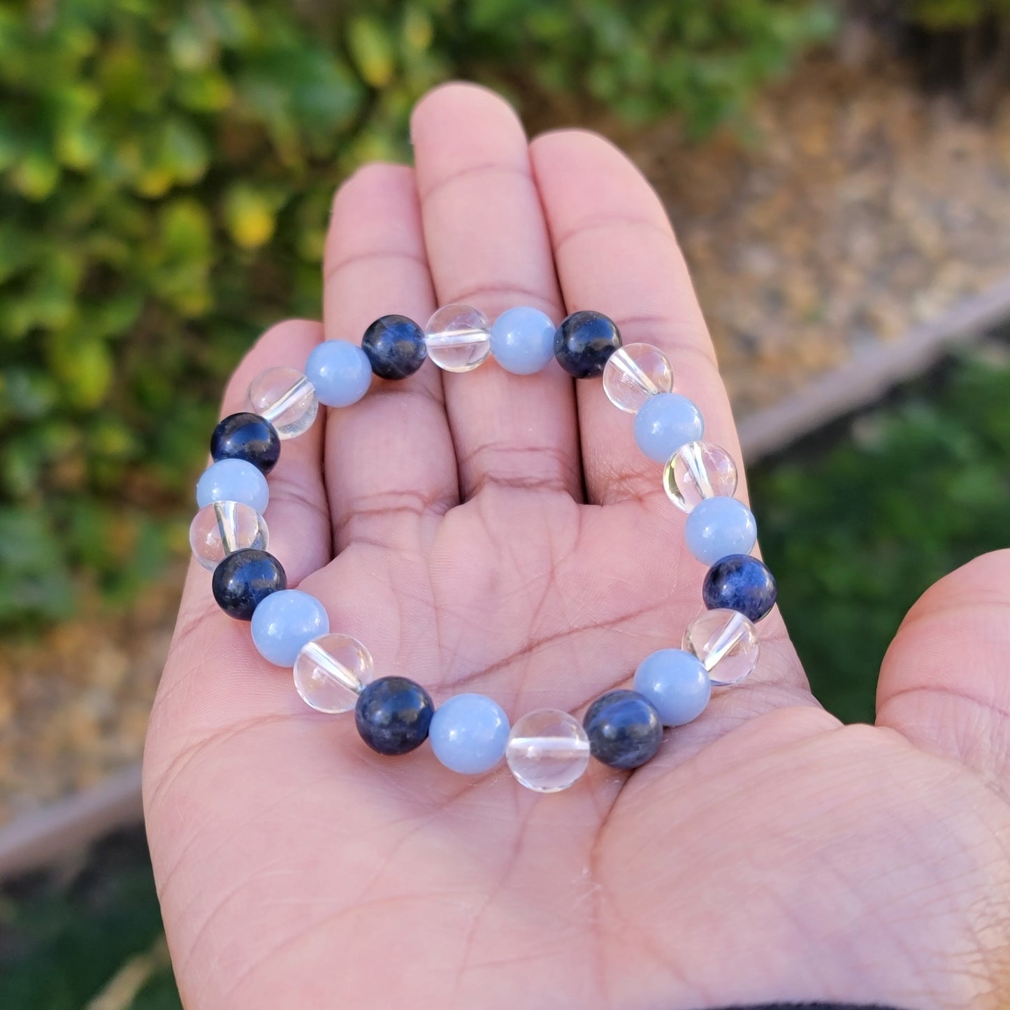 Positive Energy, Bracelet, Sodalite, Angelite, Clear Quartz, tranquil, emotional balance, energy amplifier, rational thinking, universal connections, negative energy neutralizer, space purifier, handcrafted, blue hues, clear brilliance.