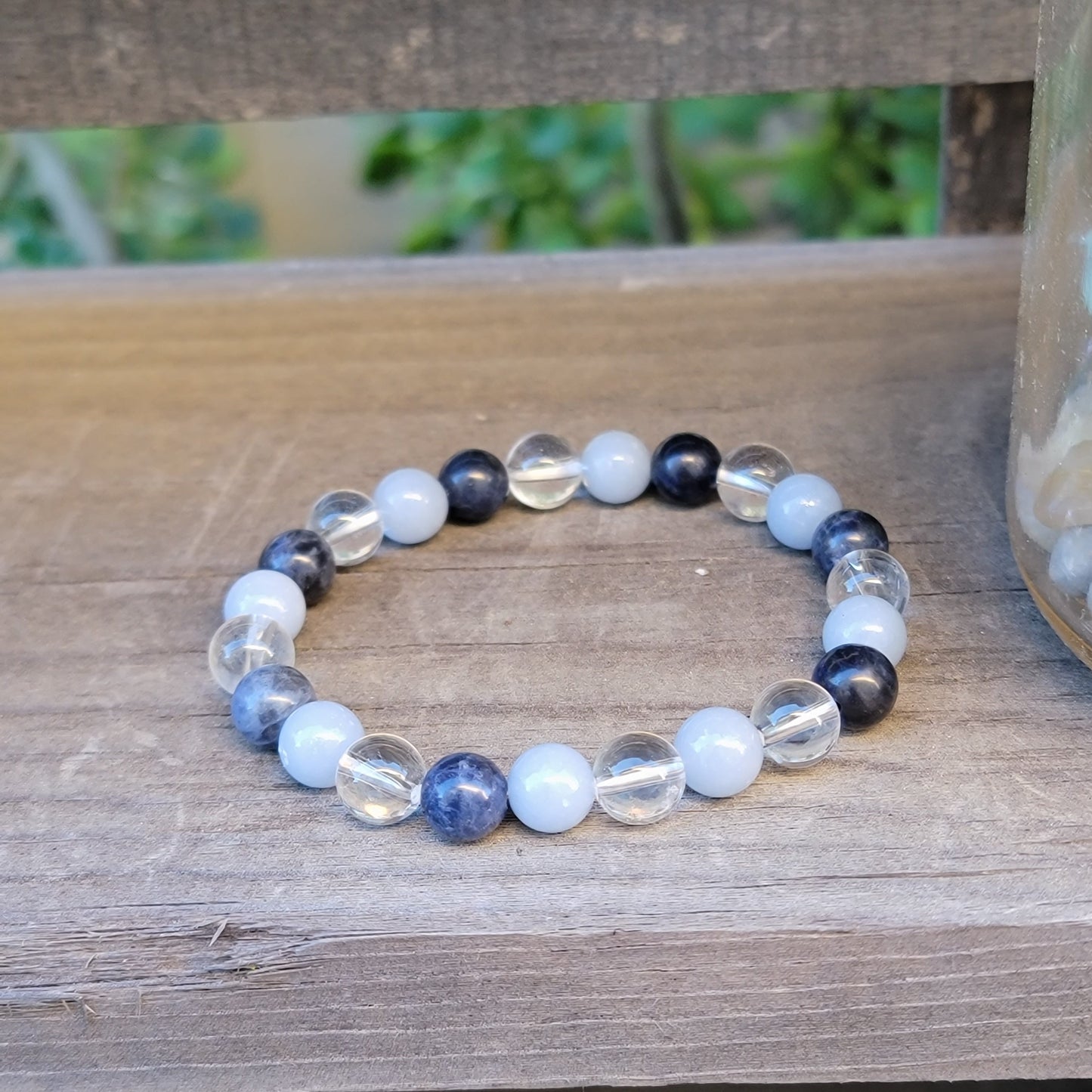 Positive Energy, Bracelet, Sodalite, Angelite, Clear Quartz, tranquil, emotional balance, energy amplifier, rational thinking, universal connections, negative energy neutralizer, space purifier, handcrafted, blue hues, clear brilliance.