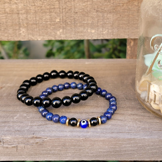 Lapis Lazuli, Black Agate, Evil Eye, Inner Power, Inner Truth, Protection, Strength, Emotional Balance, Stability, Handcrafted, Bracelet, 6mm Beads, Celestial Blue, Grounding Stone, Cleansing Effect, Amulet, Negative Energy Absorption, Security,