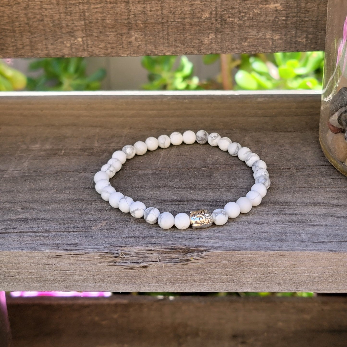 Jet Bracelet, White Howlite, Buddha Head Charm, Protection Jewelry, Inner Peace Bracelet, Crystal Healing