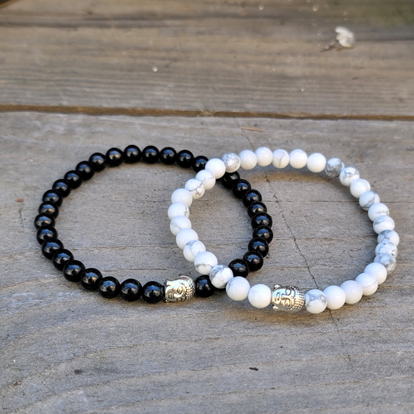 Jet Bracelet, White Howlite, Buddha Head Charm, Protection Jewelry, Inner Peace Bracelet, Crystal Healing