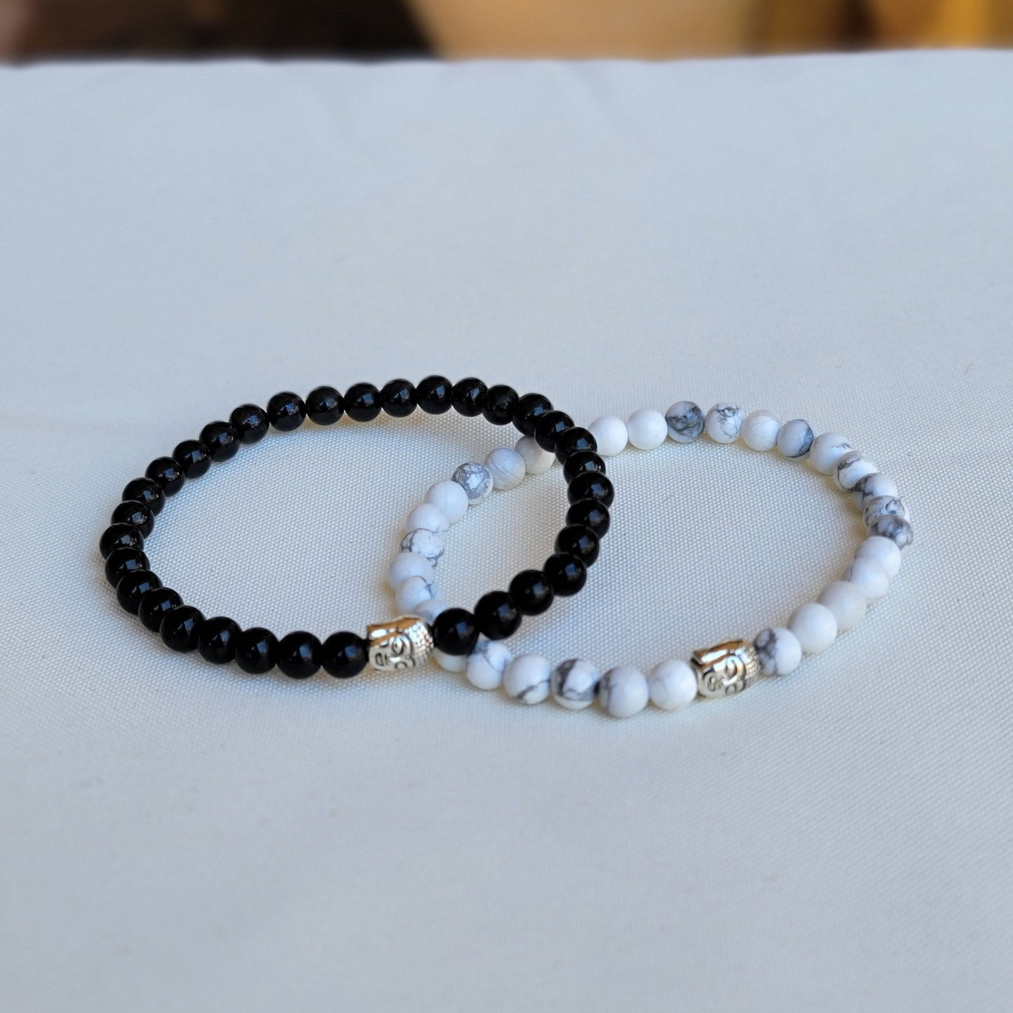 Jet Bracelet, White Howlite, Buddha Head Charm, Protection Jewelry, Inner Peace Bracelet, Crystal Healing