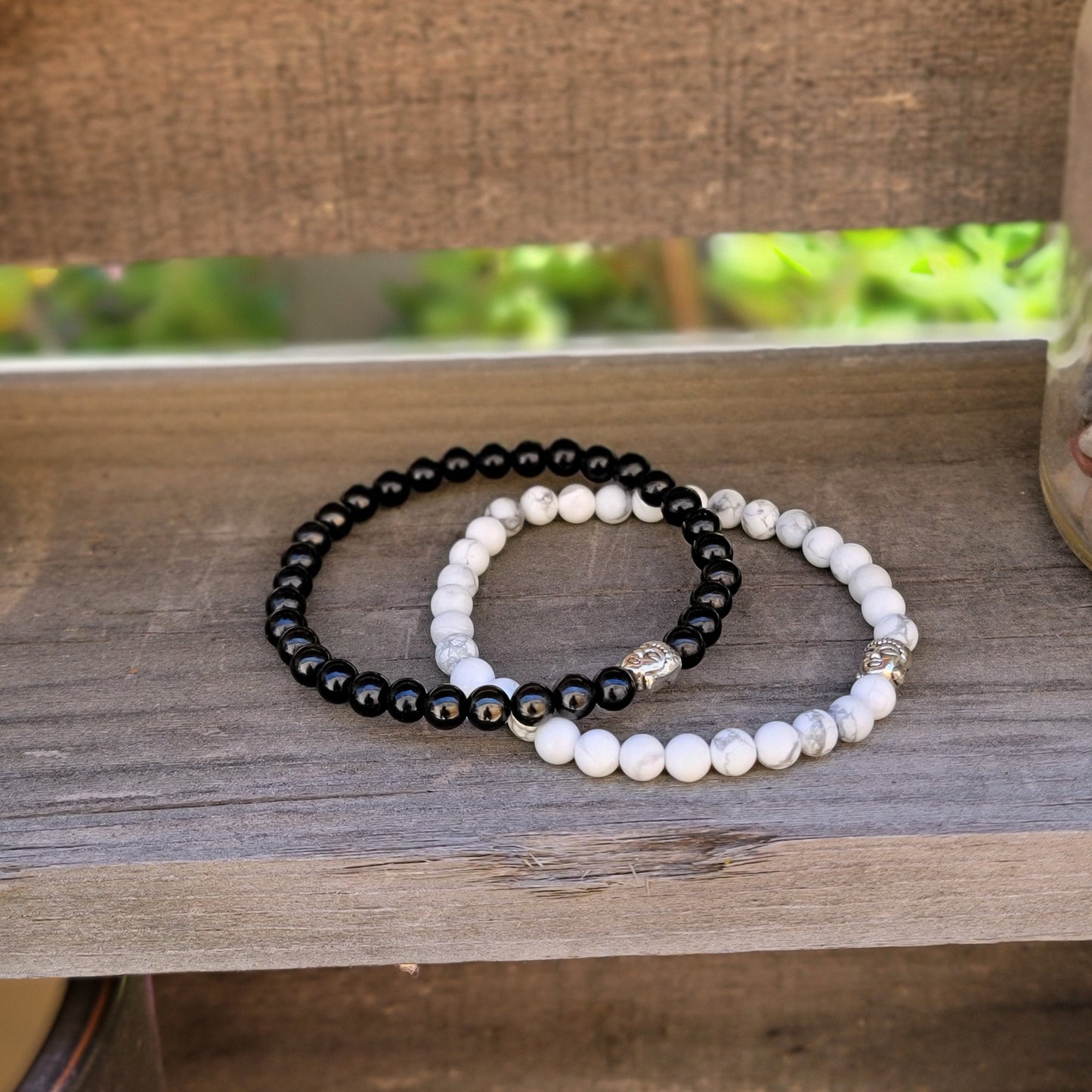 Jet Bracelet, White Howlite, Buddha Head Charm, Protection Jewelry, Inner Peace Bracelet, Crystal Healing