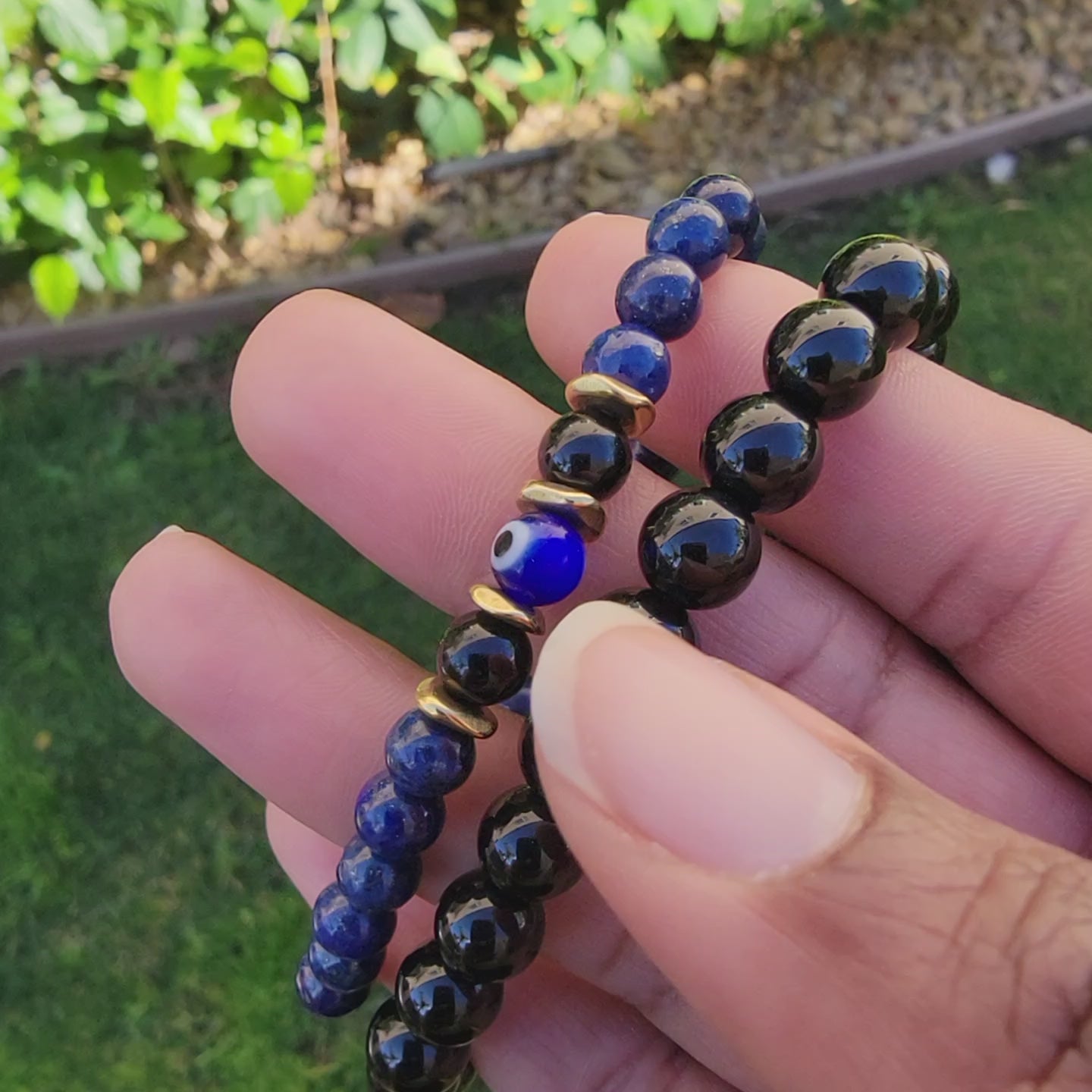 Lapis Lazuli, Black Agate, Evil Eye, Inner Power, Inner Truth, Protection, Strength, Emotional Balance, Stability, Handcrafted, Bracelet, 6mm Beads, Celestial Blue, Grounding Stone, Cleansing Effect, Amulet, Negative Energy Absorption, Security,