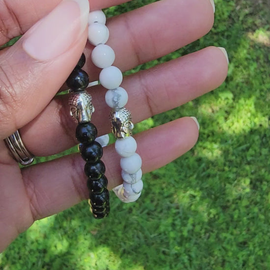 Jet Bracelet, White Howlite, Buddha Head Charm, Protection Jewelry, Inner Peace Bracelet, Crystal Healing