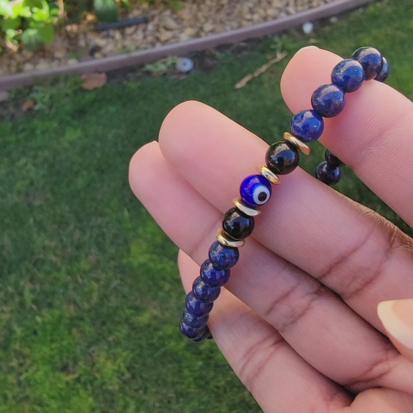 Lapis Lazuli, Black Agate, Evil Eye, Inner Power, Inner Truth, Protection, Strength, Emotional Balance, Stability, Handcrafted, Bracelet, 6mm Beads, Celestial Blue, Grounding Stone,